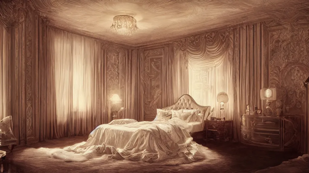 Prompt: art deco bedroom, photo, ultra detail, photoreal, professionally retouched, wide angle, 8 k high definition, insanely detailed, intricate, elegant, art by artgerm and wlop