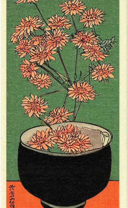 Image similar to by akio watanabe, manga art, chrysanthemum inside sake cup, trading card front