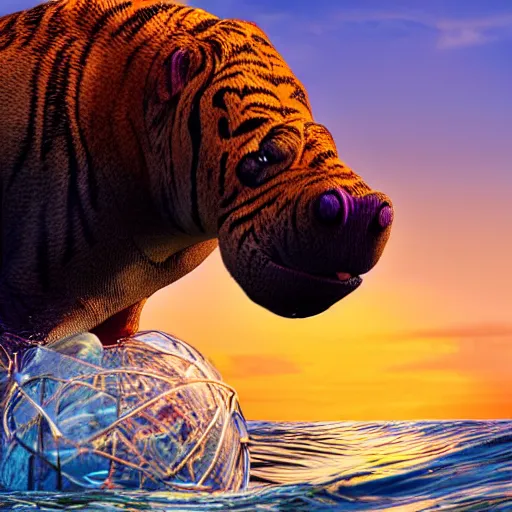 Image similar to a closeup photorealistic photograph of a cute smiling knitted tiger hippopotamus chasing a beachball at sunset. surf in the background. professional capture. this 4 k hd image is trending on artstation, featured on behance, well - rendered, extra crisp, features intricate detail, epic composition and the style of unreal engine.