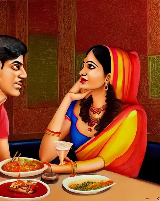 Image similar to a guy and girl on a date in a restaurant, saree, desi, art by salman toor. faithfully depicted facial expression, perfect anatomy, sharp focus, global illumination, radiant light, detailed and intricate environment, trending on artstation