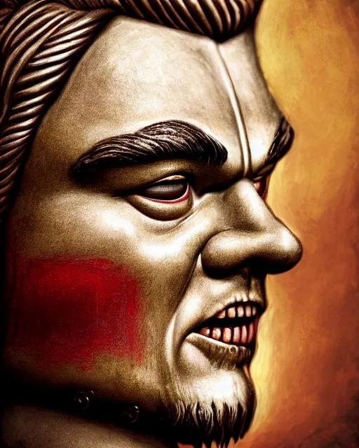 Prompt: highly detailed closeup, face profile portrait of a tin toy leonardo dicaprio as a medieval demon with horns eating cakes in a castle, hyper realistic, artstation, illustration, nicoletta ceccoli, mark ryden, lostfish, dan decarlo, bob clampett, max fleischer, digital paint, matte paint, vivid colors, detailed and intricate environment