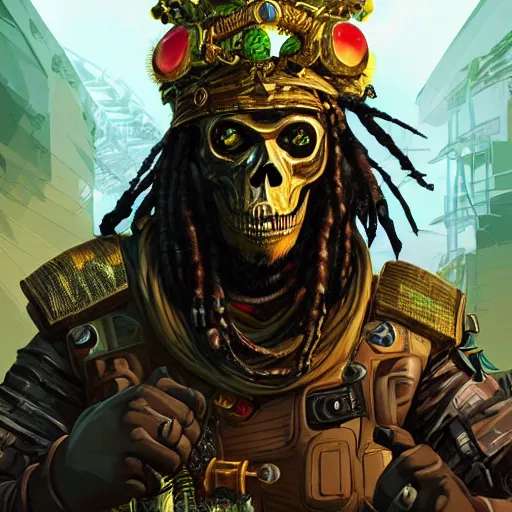 Prompt: a golden skull face monkey warrior with dreadlocks and emeralds in his forehead, Apex Legends character digital illustration portrait design, by android jones, detailed, cinematic lighting, wide angle action dynamic portrait