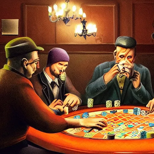 Prompt: amongus playing poker in a smokey barroom