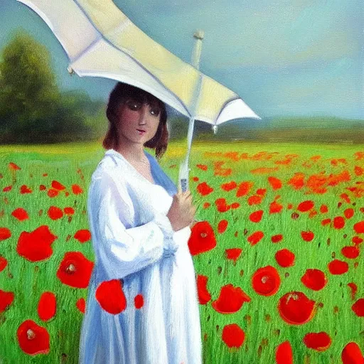 Prompt: oil painting of a women dressed in white holding a white umbrella, in field of poppies