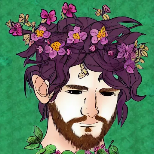 Prompt: male firbolg druid with vines and hibiscus flowers as hair simple drawing, comic style