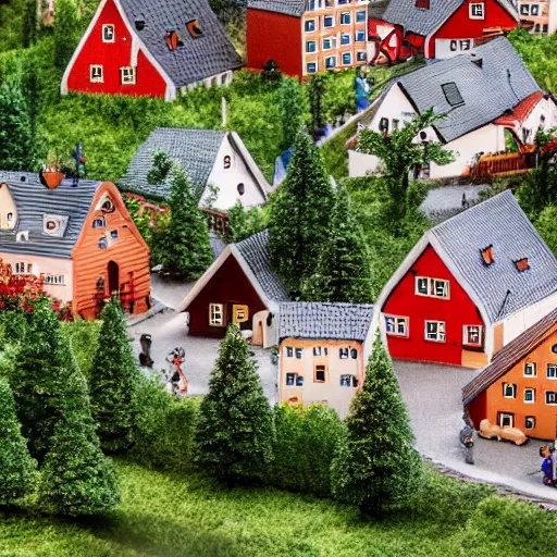 Prompt: a cute Swedish village, tilt-shift photograph, extremely detailed