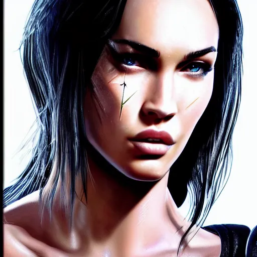 Image similar to Megan Fox portrait, Cyberpunk 2077, ultra photorealistic, cybernetic body parts