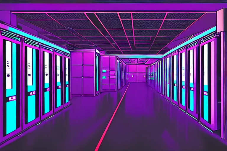 Image similar to realistic robot in a data server room, neon and dark, purple and blue color scheme, by dan mumford and malevich