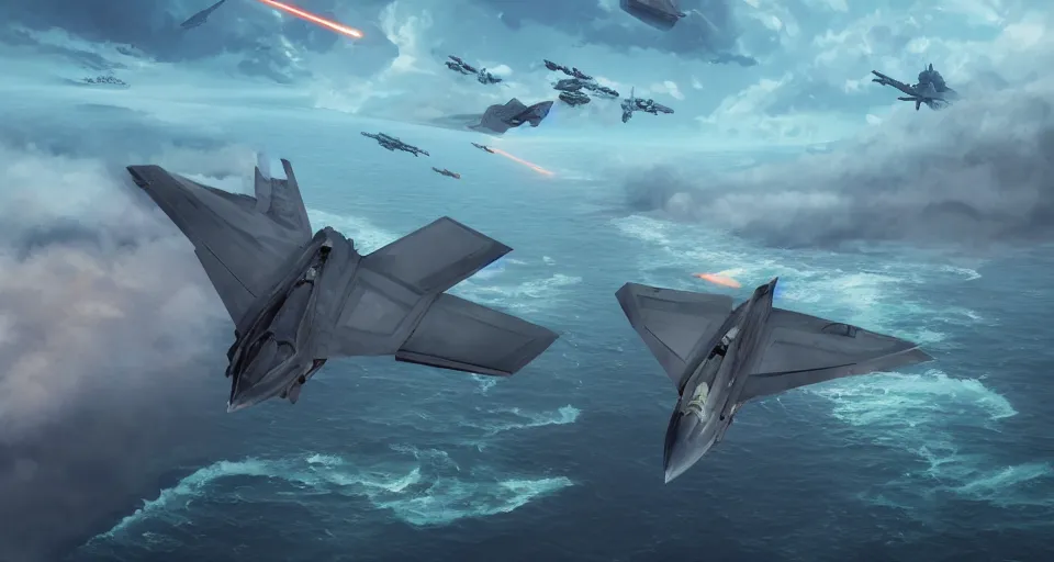 Prompt: An INTENSE future style aerial DOGFIGHT, combat over the ocean, Battle, futuristic F-22 Raptor, rendered by simon stålenhag, rendered by Beeple, Makoto Shinkai, syd meade, environment concept, digital art, gundam style, starwars, unreal engine, 3 point perspective, WLOP, trending on artstation, low level, 4K UHD image, octane render,