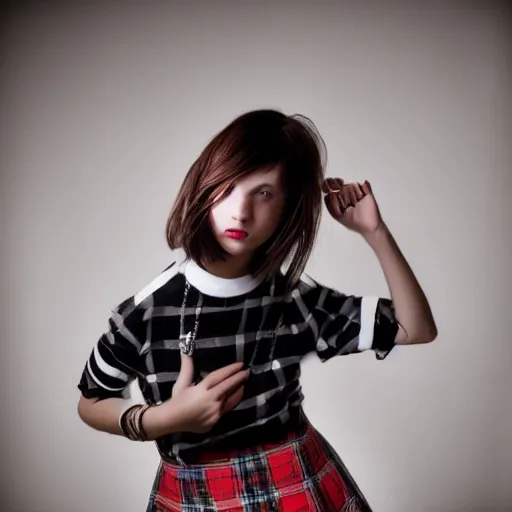 Prompt: female model teenage emo photography plaid skirt band shirt beautiful face, dramatic light darkroom