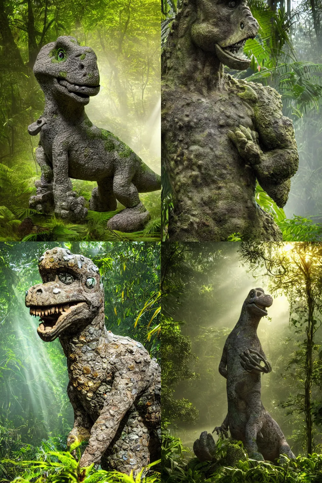 Prompt: very detailed, deteriorated, ancient overgrown stone statue of Barney the Dinosaur in the middle of the jungle, mist, sunbeams, 4k, high quality