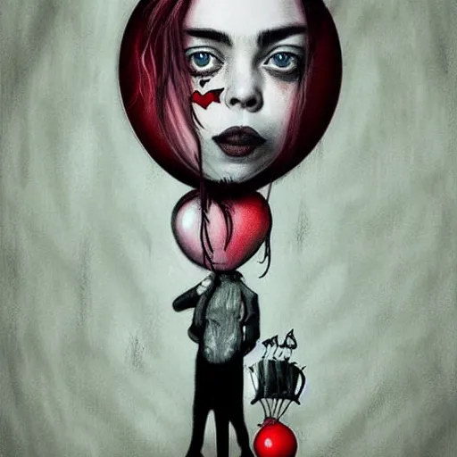 Prompt: surrealism grunge cartoon portrait sketch of billie eilish with a wide smile and a red balloon by - michael karcz, loony toons style, mad max style, horror theme, detailed, elegant, intricate