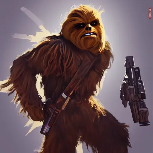 Image similar to greg manchess portrait painting of chewbacca as overwatch character, medium shot, asymmetrical, profile picture, organic painting, sunny day, matte painting, bold shapes, hard edges, street art, trending on artstation, by huang guangjian and gil elvgren and sachin teng