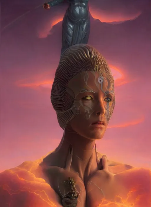 Prompt: biblical female druid android, pattern on skin, glowing veins, in clouds, sunset, portrait by wayne barlowe, by peter elson, by anato finnstark, studio lighting, muted colors, by frank frazetta, extreme detail, reflections, trending on artstation, 8 k