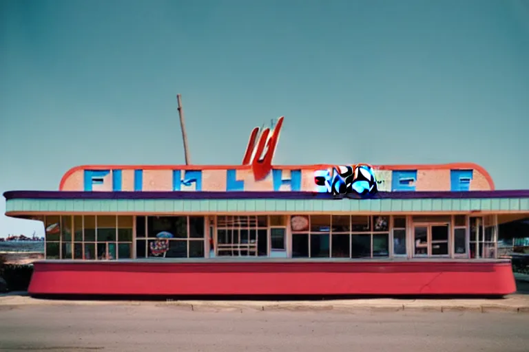 Prompt: 2 0 1 5 fish themed underwater american diner, googie architecture, two point perspective, americana, fishcore, restaurant exterior photography, 8 5 mm, taken by alex webb