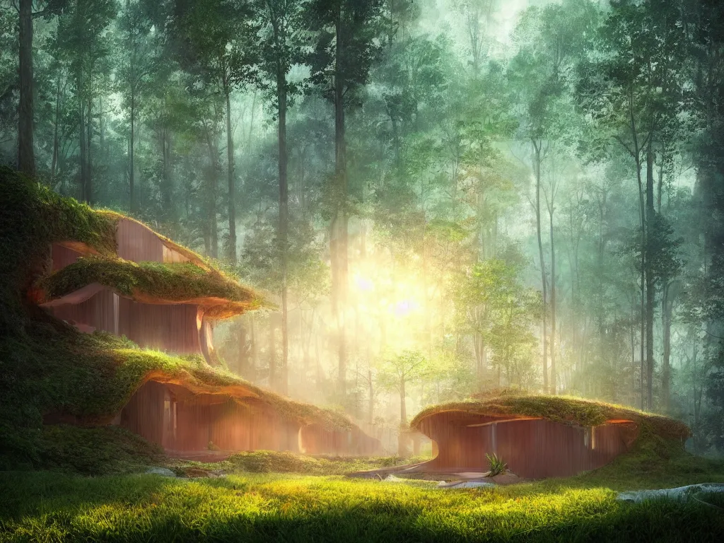 Prompt: beautiful organic house made from imaginary plants in a forest, architectural render, futuresynth, chillwave, by Gabriel Dawe, by Skottie Young, by Jessica Rossier, vegetal architecture, blender 3D, by moebius, sunrise, (mist), junglepunk, trending on artstation