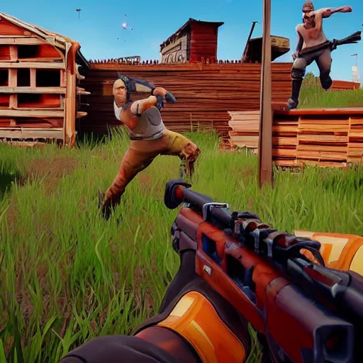 Prompt: the game rust in the style of fortnite, hd, first person video game view, vivid color, artwork by chris mars and fintan magee