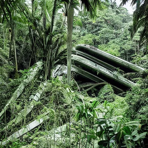 Image similar to old photo overgrown spaceship zaha hadid ruins in jungle