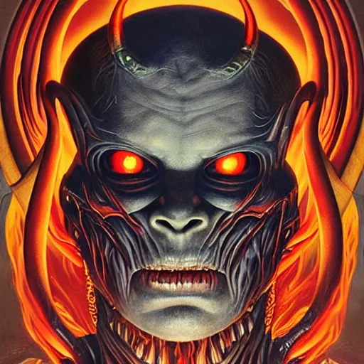 Image similar to giger doom demon portrait of satan, fire and flame, Pixar style, by Tristan Eaton Stanley Artgerm and Tom Bagshaw.