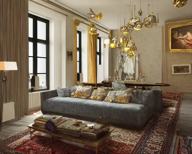 Prompt: a beautiful loft apartment with persian rugs and antique lamps designed by mark mills and nathaniel owings, interior design, architecture, key lighting, soft lights, by steve hanks, by edgar maxence, by caravaggio, by michael whelan, by delacroix, by serov valentin, by tarkovsky, 8 k render, detailed, oil on canvas