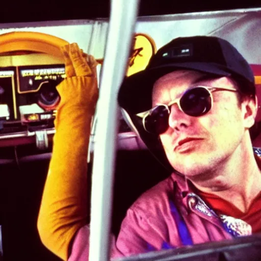 Image similar to gonzo reporter retro photo of drunked elon musk aka bus driver in bus, fear and loathing in las vegas style, by hunter thompson