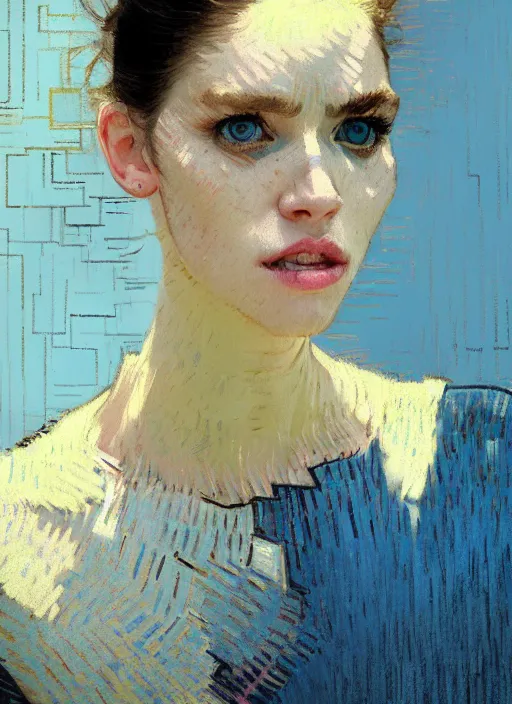 Prompt: portrait of a beautiful girl, new york backdrop, very sad, pastel shades of light blue and light yellow, beautiful face, rule of thirds, intricate outfit, spotlight, by greg rutkowski, by jeremy mann, by francoise nielly, by van gogh, digital painting