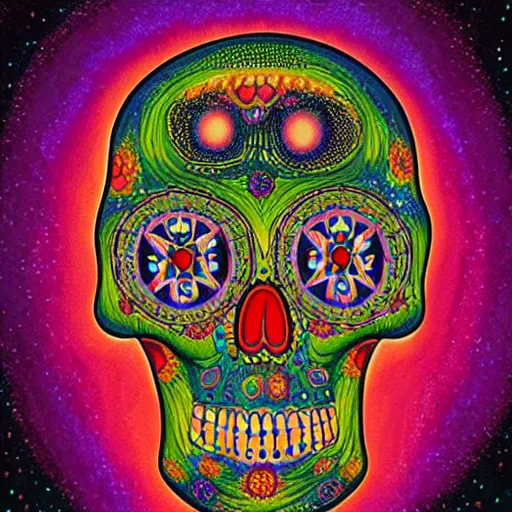 Image similar to dia de los muertos lamp in a quantum wormhole, juxtapoz, artforum, james eads