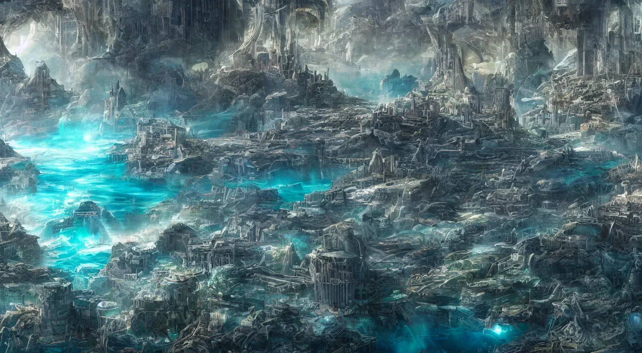 Image similar to the (((hidden))) city of atlantis, large scale, breathtaking, mixed media, digital art, trending on artstation, 8k, epic composition, highly detailed, AAA graphics