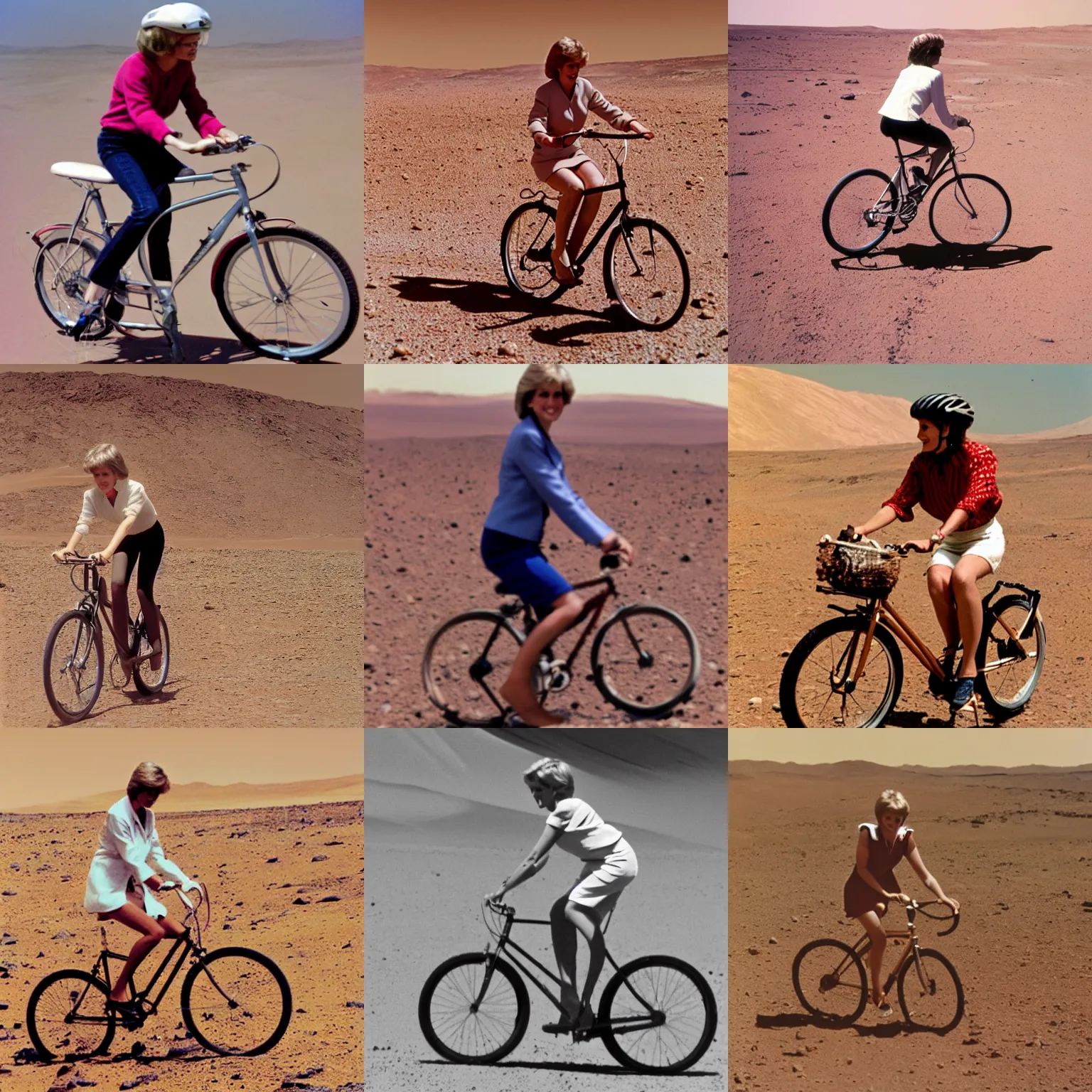 Prompt: photo of princess diana riding a bicycle on mars, high resolution, 3 5 mm lens