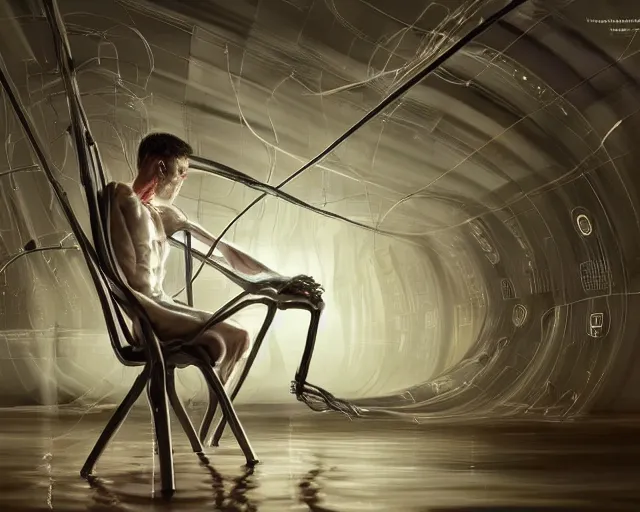 Image similar to a hyperrealistic painting of a human cyborg sitting in a chair with limbs stretched out, tied with electrical cables connected to supercomputers, flood of images flowing from his head, tesseract, vitruvian man, trending on artstation, concept art, insane details, zoomed out