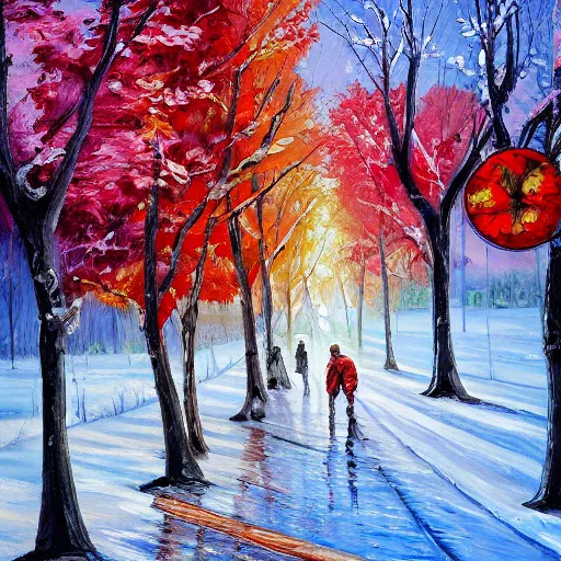 Prompt: painting depicting all four season in one painting, summer, winter, spring, autumn, concept art, artstation, detailed, impressionism, oil on canvas, knife painting, messy,