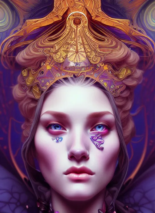 Image similar to overlord, psychedelic, portrait, highly detailed, deep focus, elegant, digital painting, smooth, sharp focus, illustration, ultra realistic, 8 k, art by artgerm and alphonse mucha