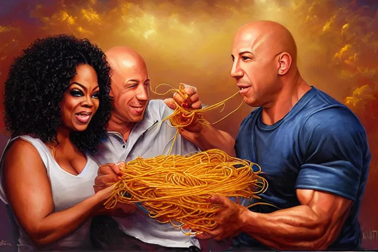 Image similar to portrait of vin diesel and oprah winfrey sharing spaghetti, an oil painting by ross tran and thomas kincade