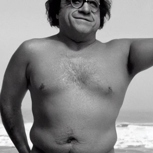Prompt: danny devito as a greek god shirtless posing, women are staring