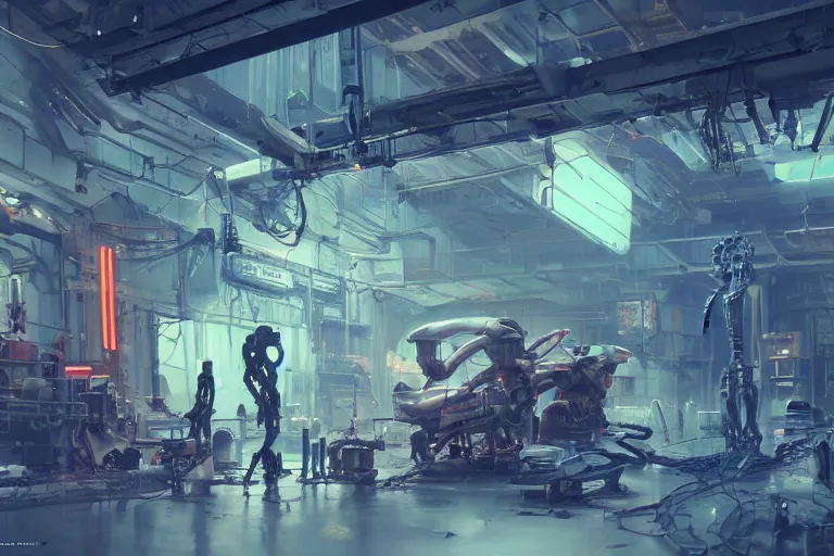 Image similar to interior shot, scifi robot repair workshop, robot skeleton, robot skeleton, robot skeleton, neon lights, neon lights, neon lights, neon lights, cinematic lighting, Craig Mullins, Greg Rutkowski, volumetric light, artstation, octane render, low angle camera