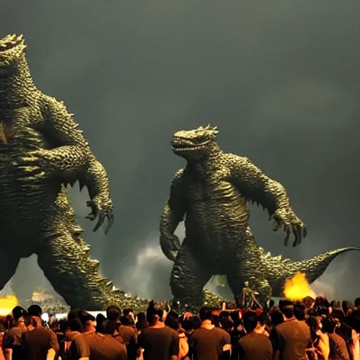 Prompt: army of godzilla on stage