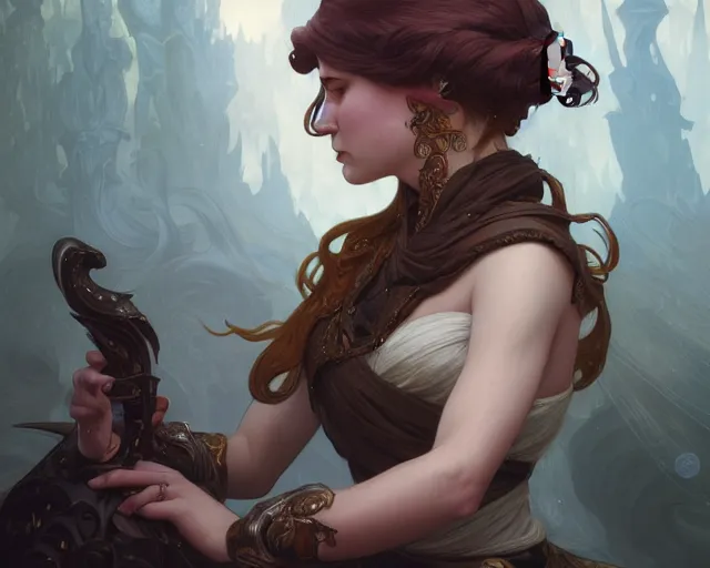 Image similar to photography of kate beaton, deep focus, d & d, fantasy, intricate, elegant, highly detailed, digital painting, artstation, concept art, matte, sharp focus, illustration, hearthstone, art by artgerm and greg rutkowski and alphonse mucha