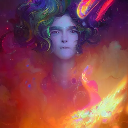 Image similar to a psychedelic realm where astral beings share love greg rutkowski wlop lisa frank bob ross ruan jia illustration
