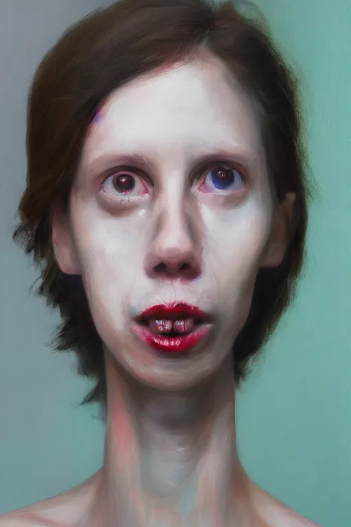 Image similar to todd solondz, a portrait of anorexic todd solondz, clear todd solondz face, dreaming of kissing a girl, sad and lonley, vivid colors, soft lighting, atmospheric, cinematic, moody, in the style of jenni saville and krenz cushart, oil on canvas, 8 k