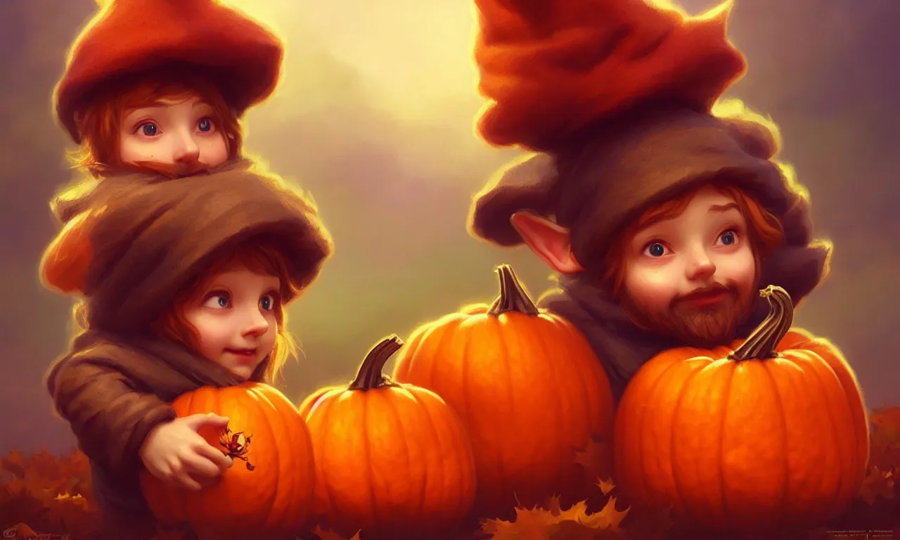 Image similar to hand drawn cute one gnomes face in autumn disguise holding pumpkin, detailed closeup face, concept art, low angle, high detail, warm lighting, volumetric, godrays, vivid, beautiful, trending on artstation, art by artgerm and greg rutkowski and alphonse mucha