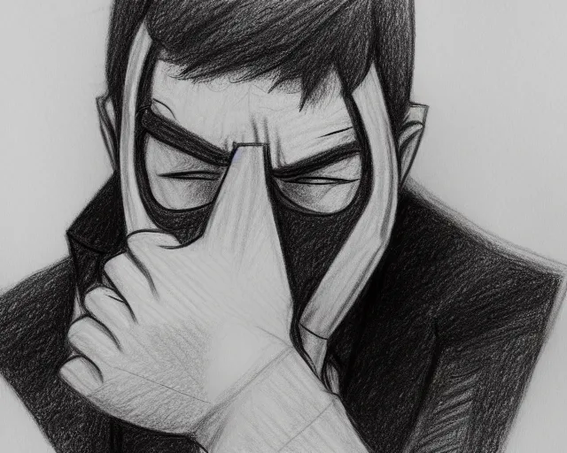 Image similar to draft drawing of a european man covering face with mask, a sketch by choro choi, thin stroke, trending on artstation, context art, pencil sketch, high detail