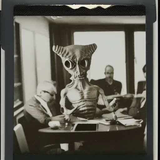 Image similar to polaroid of an alien on a table surrounded by doctors