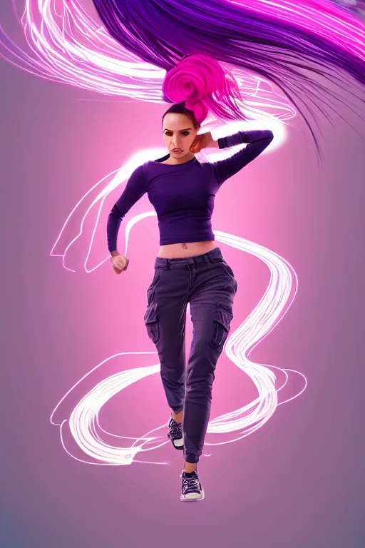 Image similar to a award winning half body portrait of a beautiful woman in a croptop and cargo pants with ombre purple pink teal hairstyle with head in motion and hair flying, surrounded by whirling illuminated lines, outrun, vaporware, shaded flat illustration, digital art, trending on artstation, highly detailed, fine detail, intricate