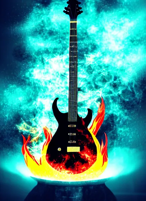 Image similar to guitar with fire magical dust as musical notes storm around, volumetric dust, cinematic lighting, photography artstation