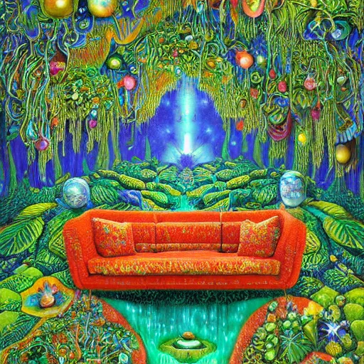 Image similar to psychedelic couch sofa in the lush forest, milky way, designed by moebius, rob gonsalves, gustav dore, giuseppe arcimboldo and carl barks, louis wain, trending on artstation, mediterranean, star, sharp focus, colorful refracted sparkles and lines, soft light, 8 k 4 k