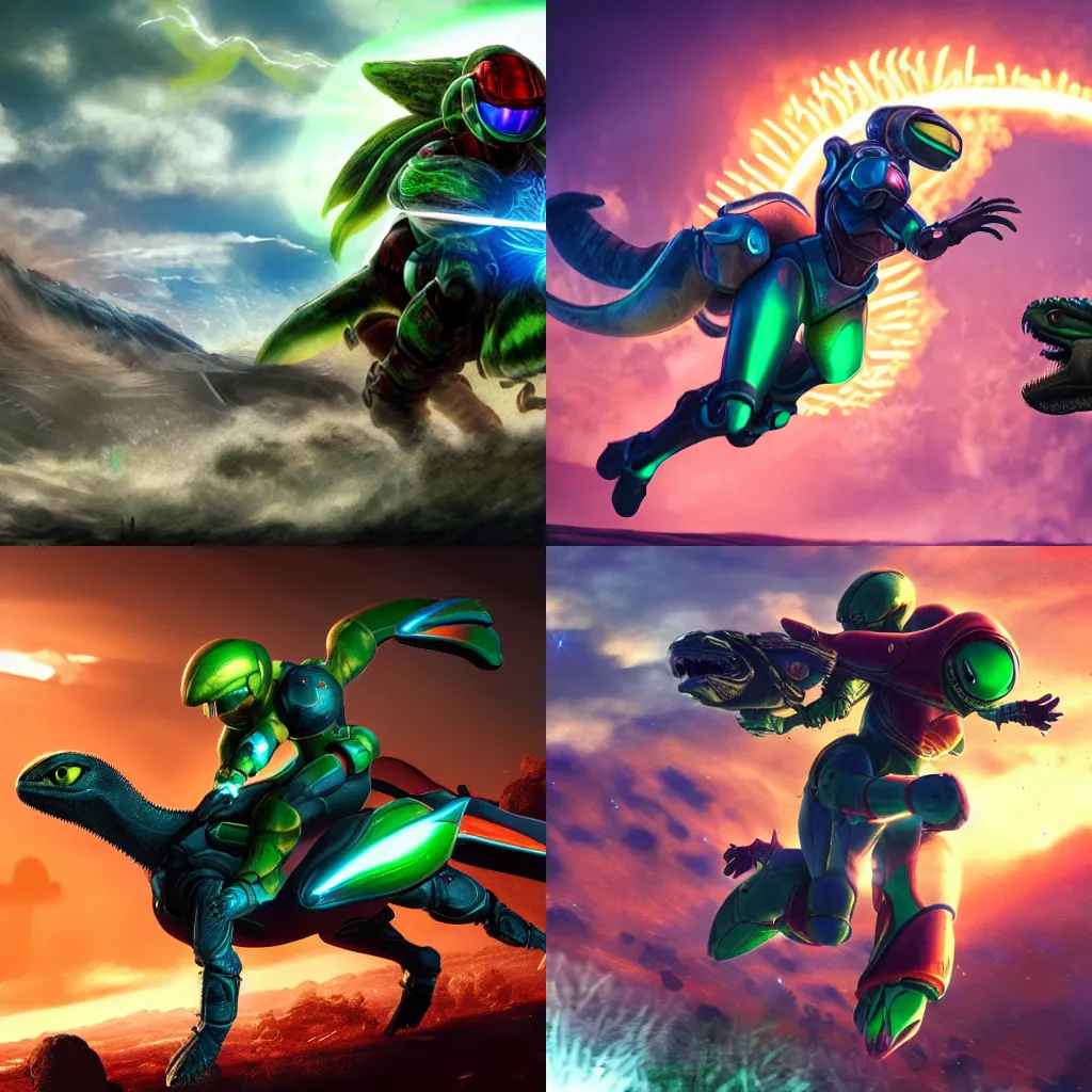 Prompt: Samus Aran in armor riding a raptor, Yoshi, to battle, intricate, highly detailed, beautiful lighting, light fog, 8k