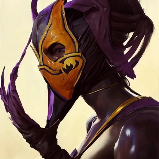 Image similar to greg manchess portrait painting of mileena from mortal kombat wearing a mask covering her mouth as overwatch character, medium shot, asymmetrical, profile picture, organic painting, sunny day, matte painting, bold shapes, hard edges, street art, trending on artstation, by huang guangjian and gil elvgren and sachin teng