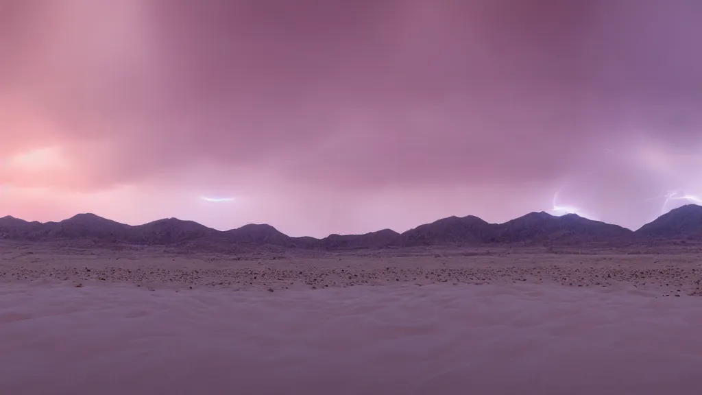 Image similar to soft glow pink desert with snow mountains and cloudy skies, purple fog, thunderstorms in the distance, long exposure, detailed, hyper realistic, photorealism, landscape, ultra wide angle view, peaceful, cinematic, volumetric lighting, god ray through clouds, disturbance