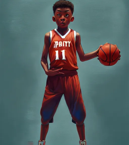 Prompt: portrait of a boy holding a basketball playing basketball wearing a basketball uniform in a basketball court, intense emotion, intricate, elegant, highly detailed, centered, digital painting, artstation, concept art, smooth, sharp focus, illustration, by Peter Mohrbacher, WLOP