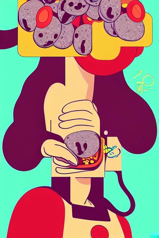 Prompt: abstract portrait of female superhero with sausage!!!! fingers miyazaki, colorful palette illustration, kenneth blom, mental alchemy, james jean, pablo amaringo, naudline pierre, contemporary art, hyper detailed